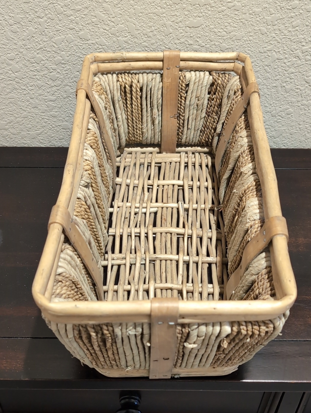 Vintage Mid-Century Handwoven Rectangular Basket - French Style - Bamboo Rattan